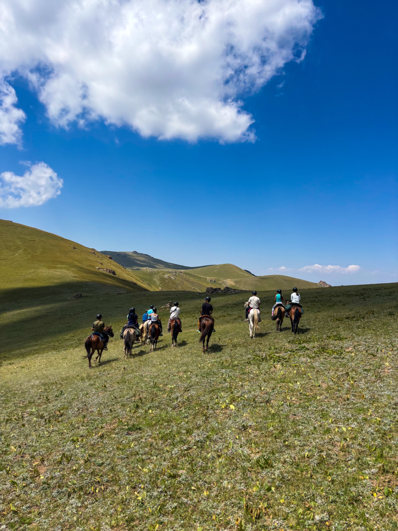 Groupe à cheval traversant des prairies d’altitude sous de gros nuages