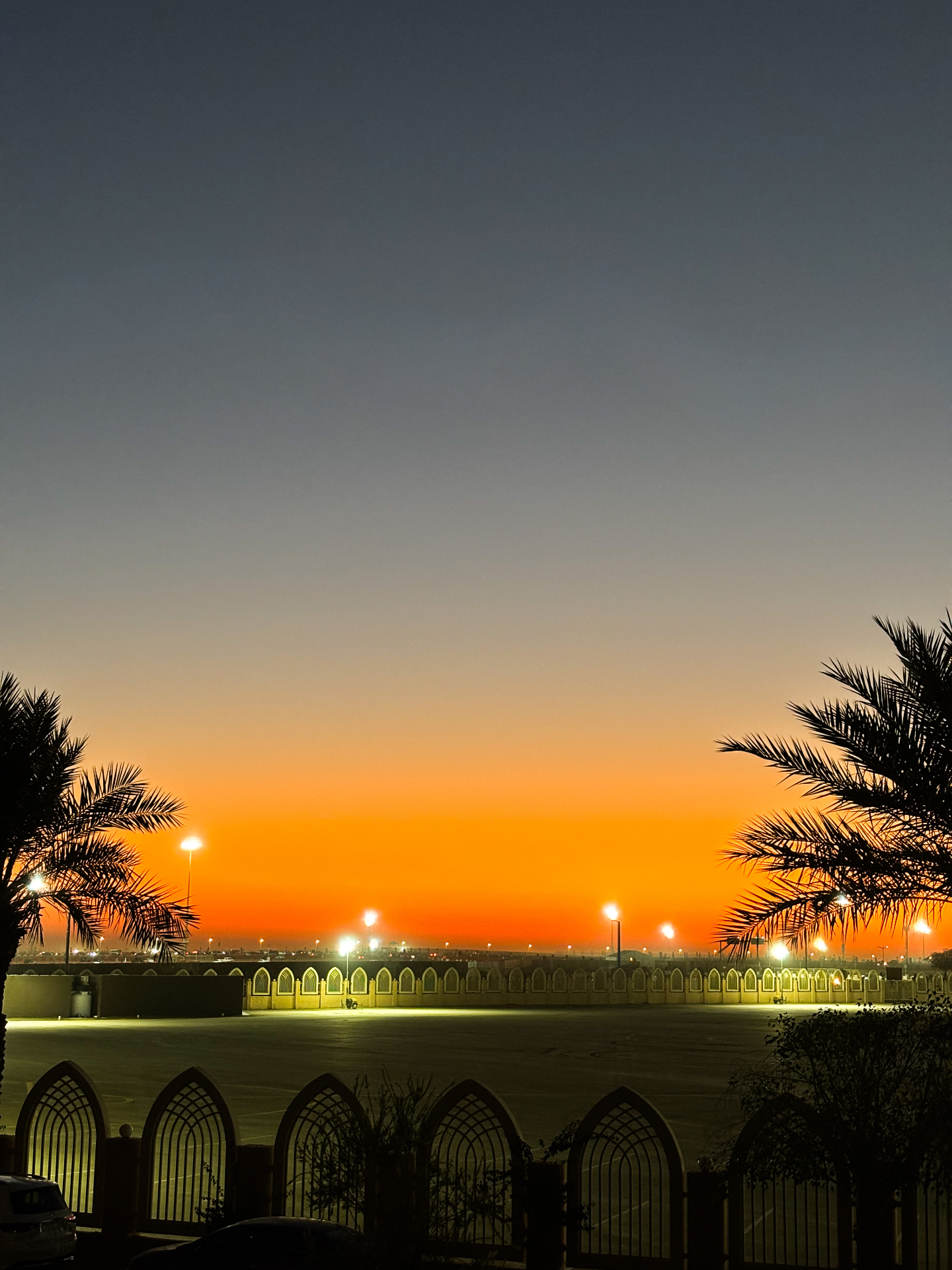 L'aube orangée sur Riyad au petit matin, palmiers et portails en silhouette