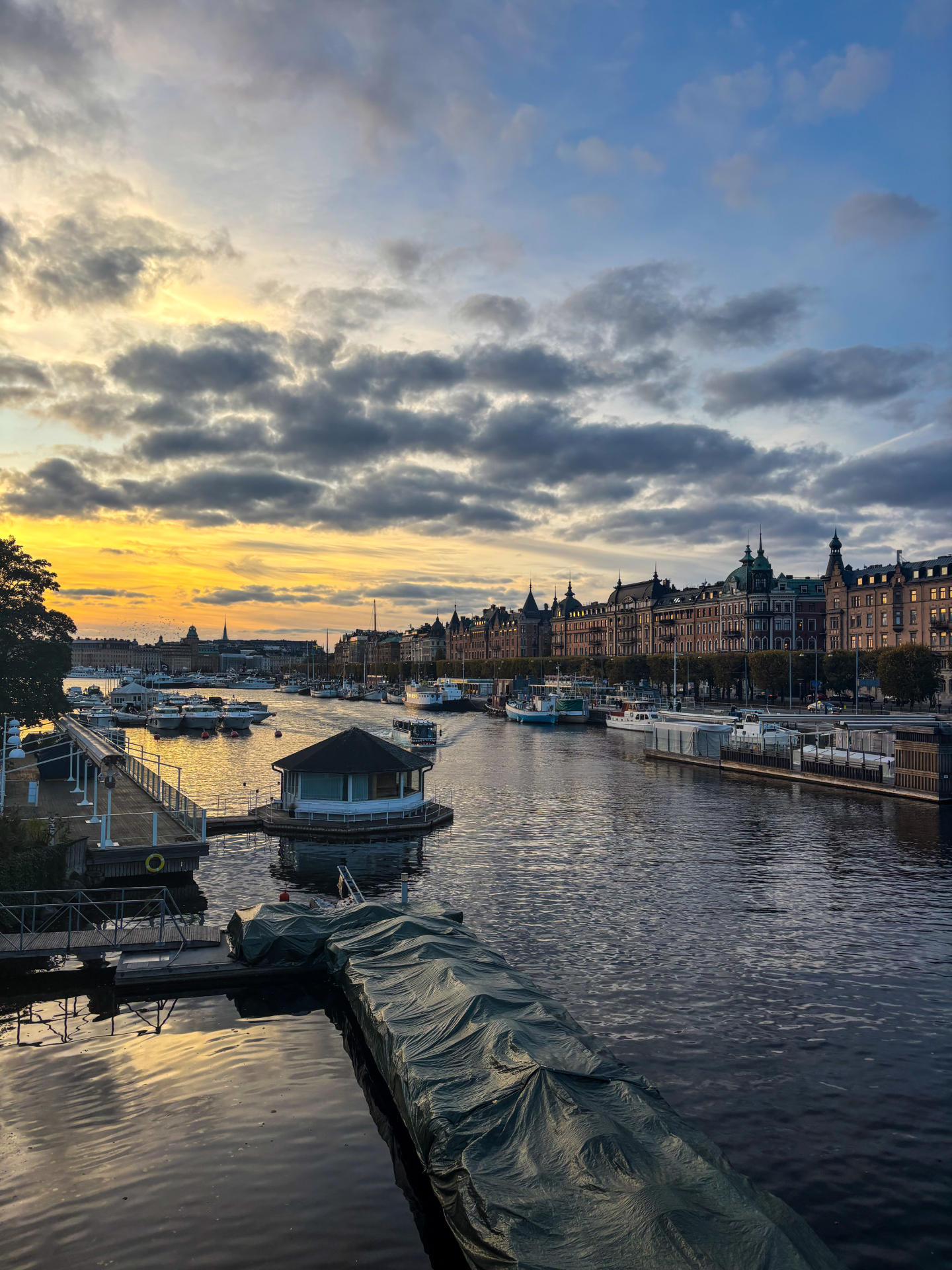 Coucher de soleil doré sur l’eau et les façades des quais de Stockholm, vus depuis Djurgården