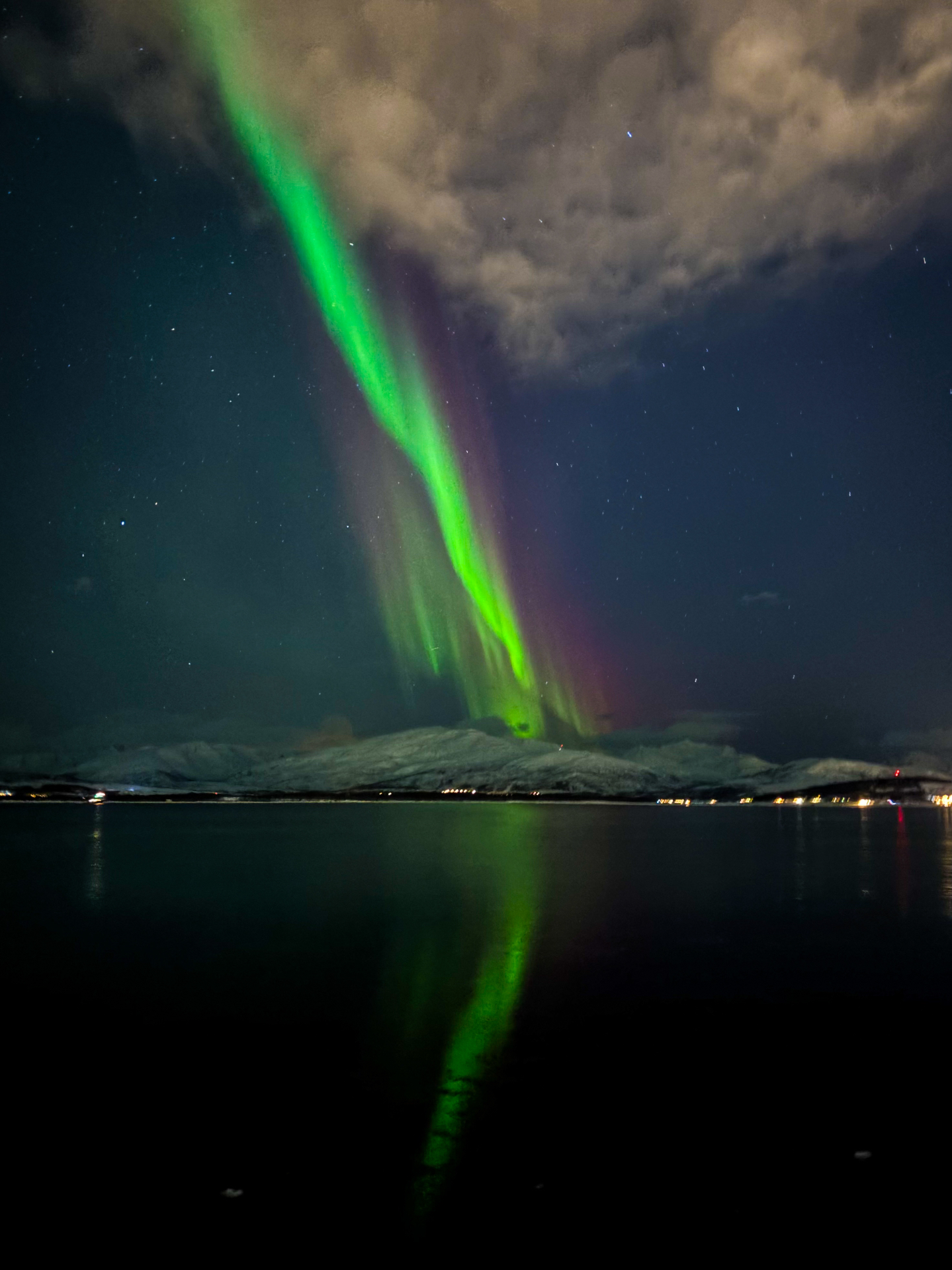 Aurore boréale verte et violette au-dessus d’un fjord arctique, reflets lumineux sur l’eau