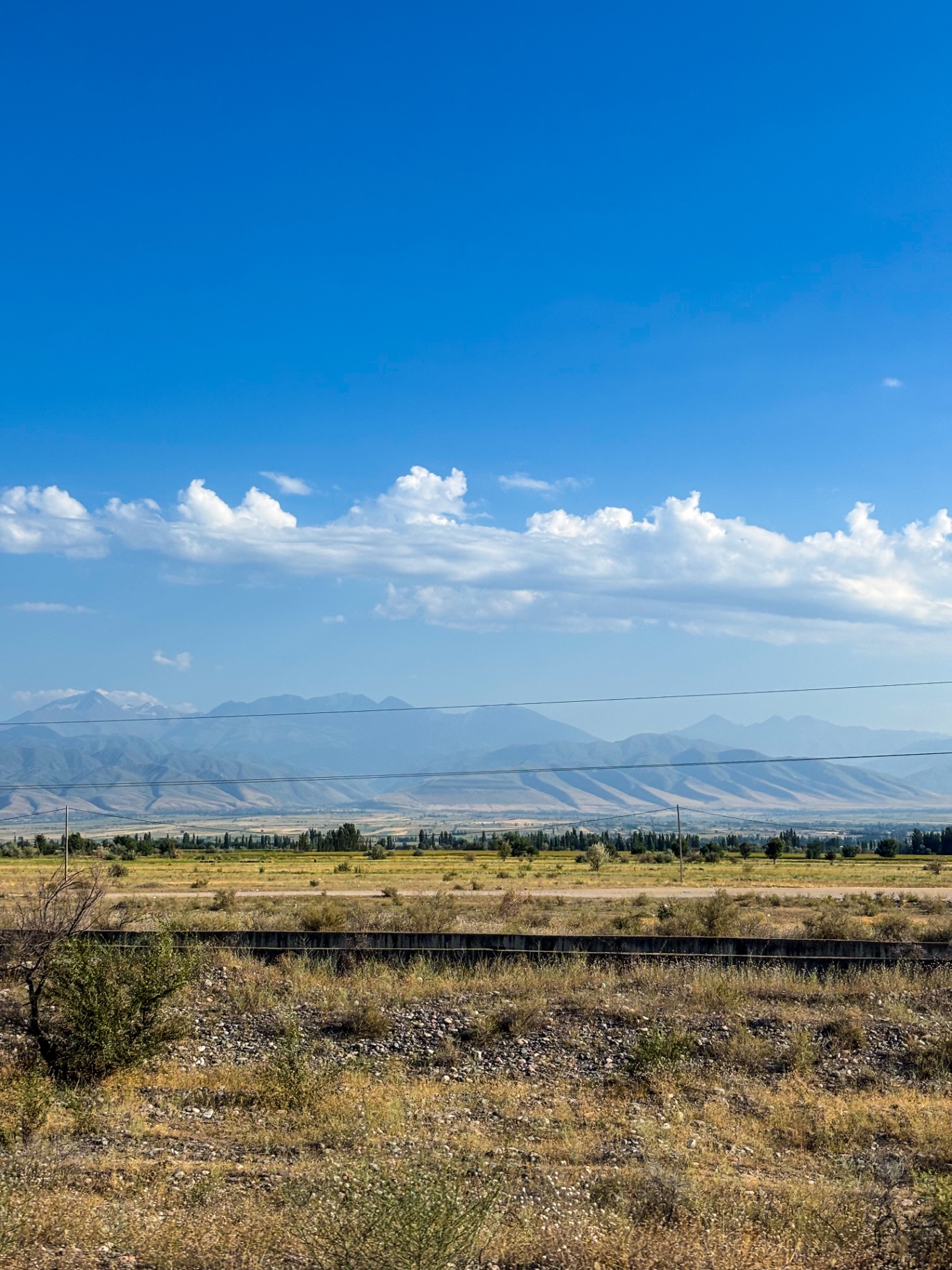 Plaine aride et chaîne de montagnes le long de la frontière kazakhe