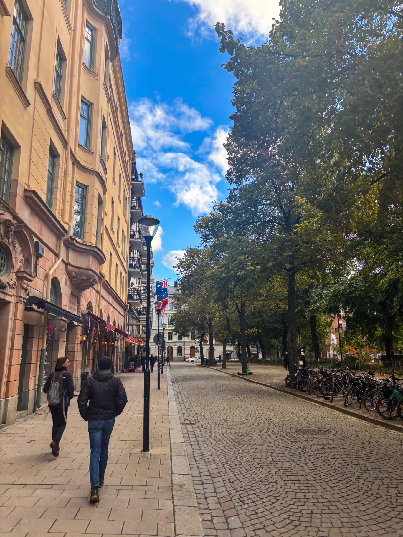 Rue pavée de Södermalm bordée de façades ocre et de platanes dorés