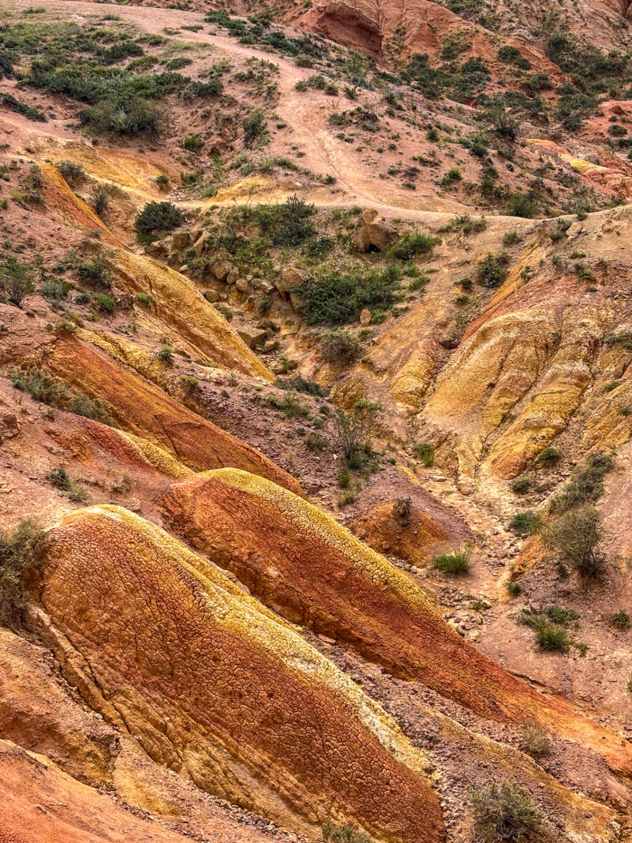 Ravines ocre et jaunes érodées du canyon de Skazka