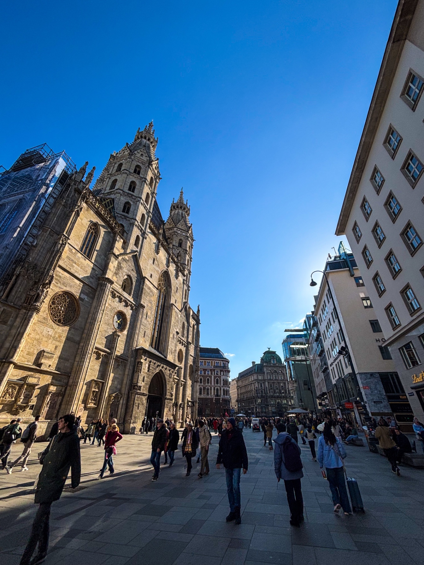 Façade gothique de la cathédrale Saint-Étienne de Vienne sous un ciel bleu, avec les passants sur la place