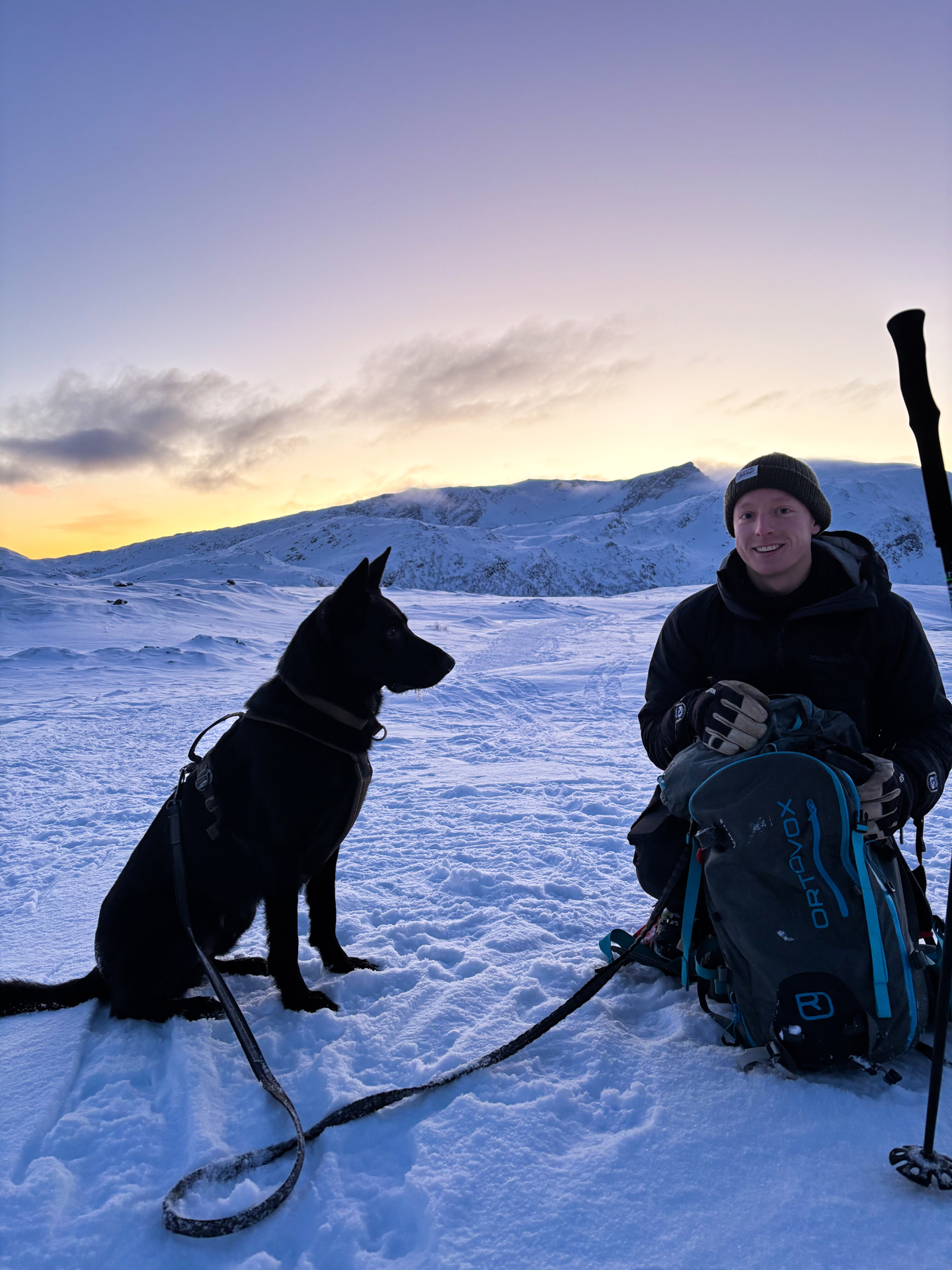 Erik et son chien posés dans la neige de Kvaløya au crépuscule