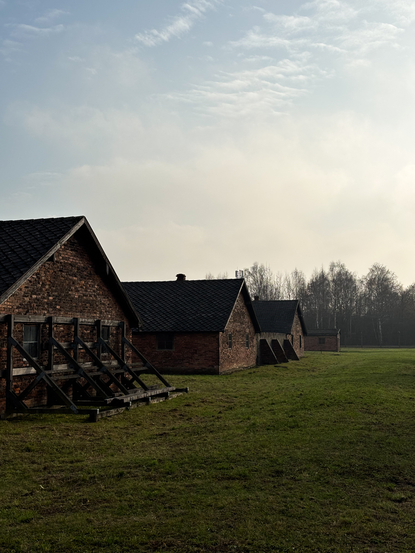 Baraquements en briques de Birkenau sous un ciel de fin de journée