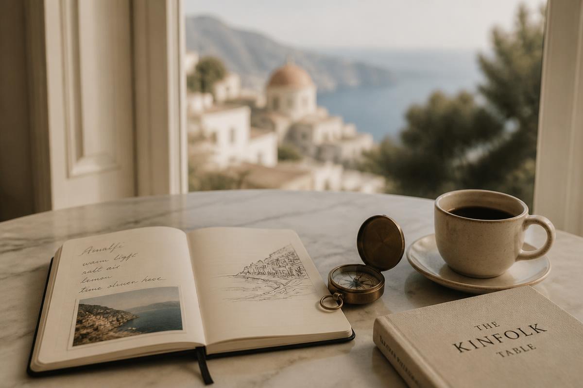 Carnet de voyage sur une table en marbre