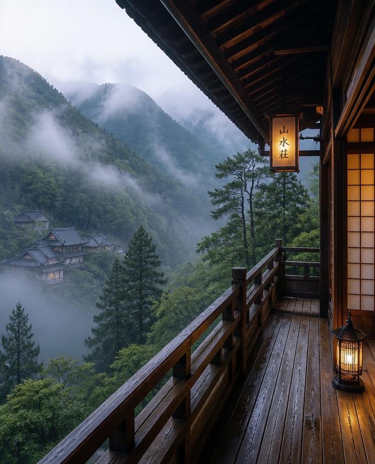 Balcon en bois d'un ryokan traditionnel japonais dans un paysage montagneux brumeux