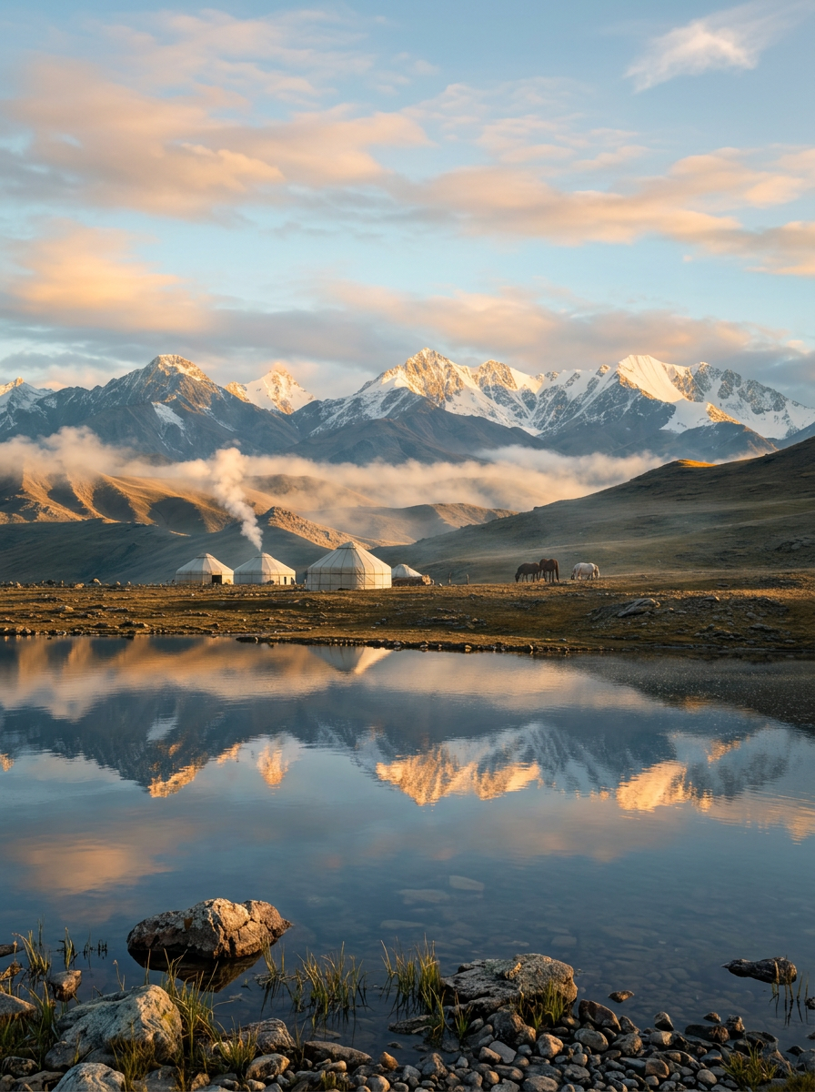 Yourtes au bord d'un lac de montagne au Kirghizistan